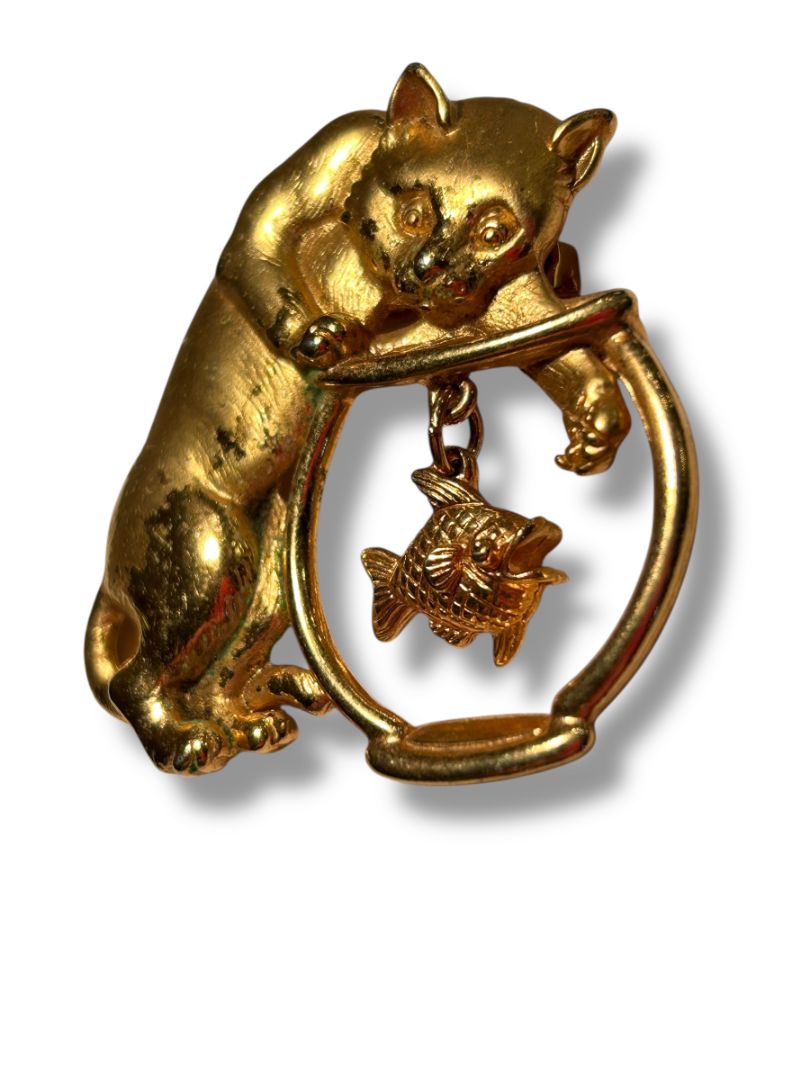 Signed J.J. Jonette Cat in Fishbowl Goldtone Brooch Pin 2"