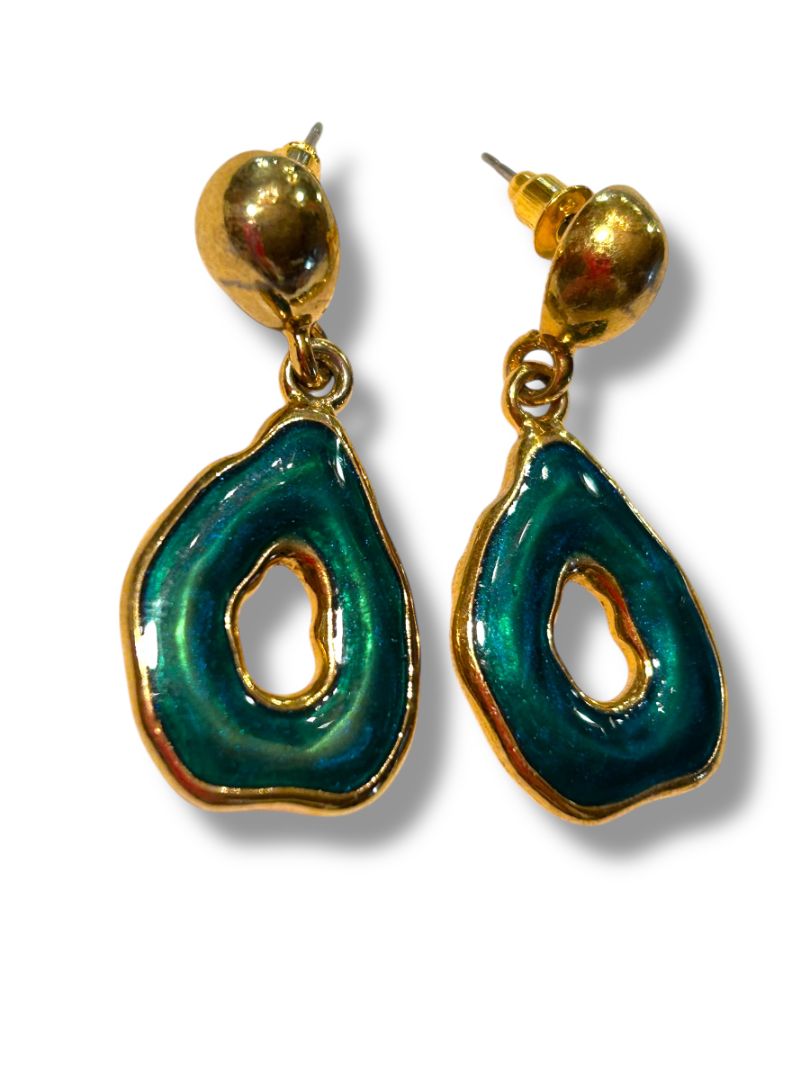 Goldtone Green Enamel Post Pierced Earrings 1.5" Drop Dangle