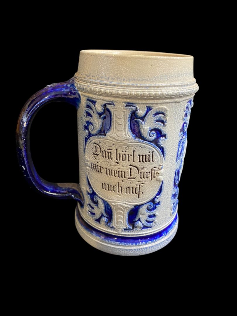 Vintage Germany Stoneware Stein Salt Glazed Mug Cobalt .5 Liter Drink Quickly . . .