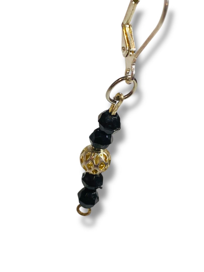 Silvertone Black Beaded Pierced Leverback Earrings 2" Drop Dangle