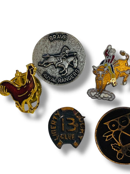 Lot of 5 Vintage Lapel Pins Rodeo Royal Rangers Owl Horseshoe