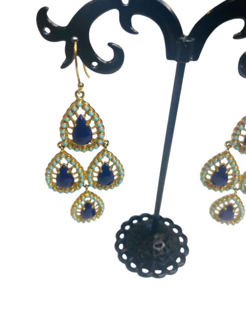 Stella and Dot Seychelles Chandelier Earrings Tiered Goldtone Blue 2.75" Drop Dangle