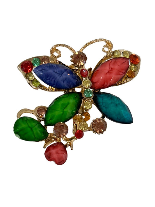 Ornate Multicolor Goldtone Crystal Embellished Butterfly Brooch Pin 1.5"