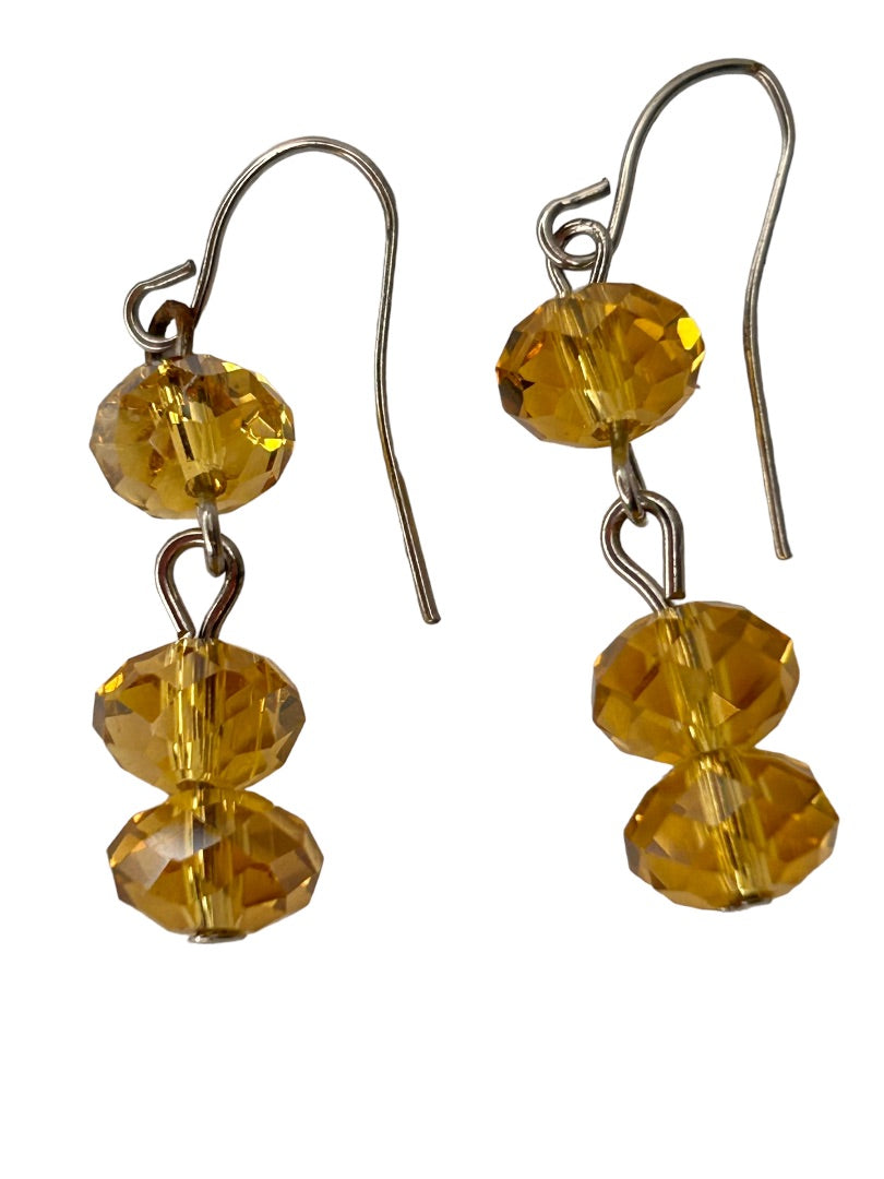 Yellow Faceted Bead Drop Earrings Pierced Hook 1" Drop Dangle