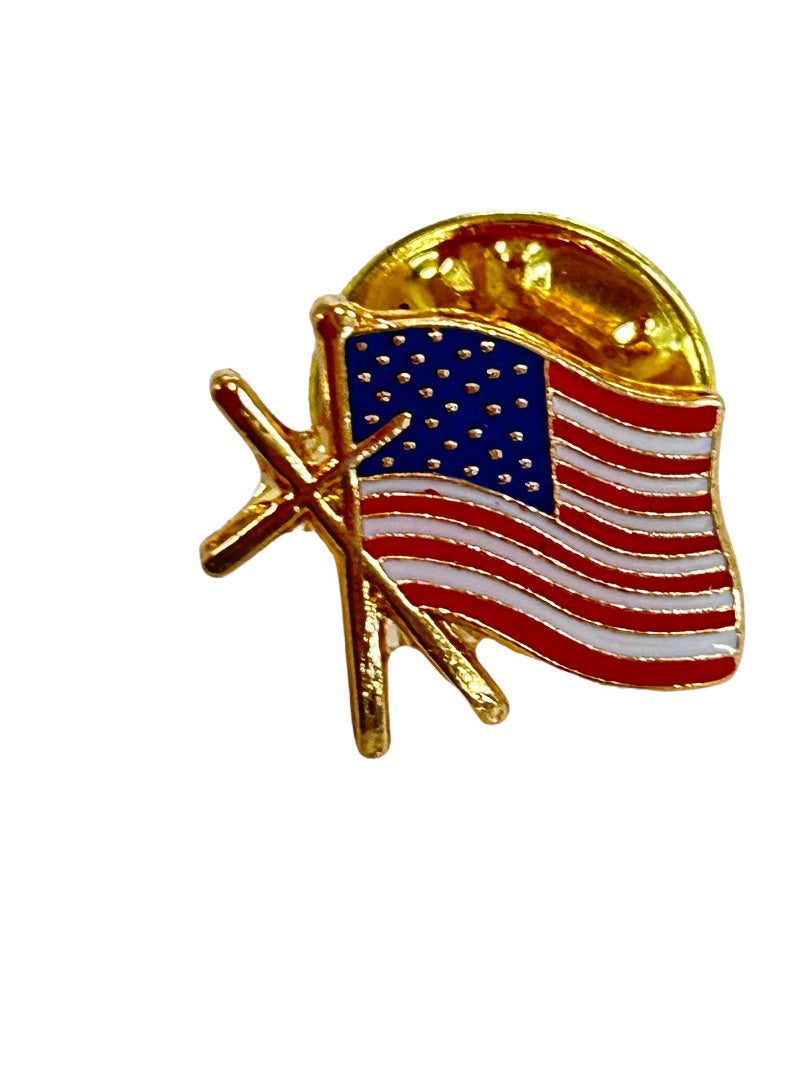 American Flag Lapel Pin Cross on Prayer Card  "Prayer for Our Country