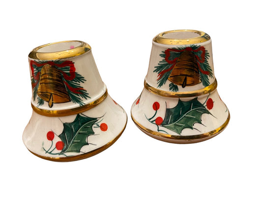 Set of 2 Italian Hand Painted 22/376 Christmas Holly Candle Holders 2.5" x 3"d