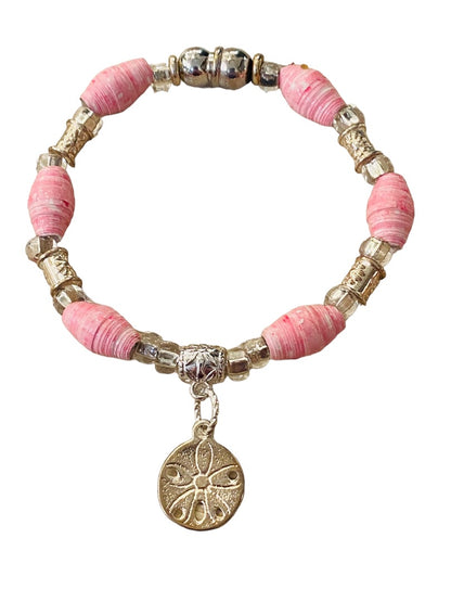 Silvertone Pink Paper Bead Magnetic Clasp Bracelet Sand Dollar Charm 7.75"