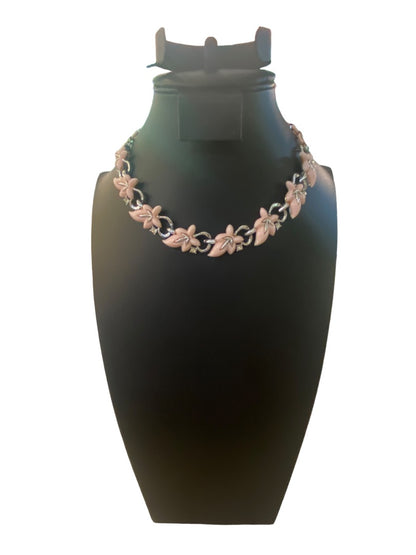 Vintage 13-15" Necklace Hook Closure Pink Plastic Leaf Silvertone