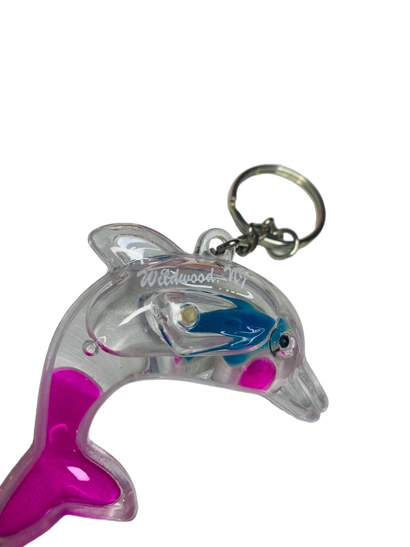 Wildwood New Jersey NJ Water Filled Clear Dolphin Souvenir Keychain Key Ring 2.5"