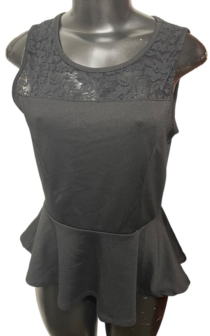 Large Ambiance Apparel Junior Womens Peplum Sleeveless Lace Yoke Top