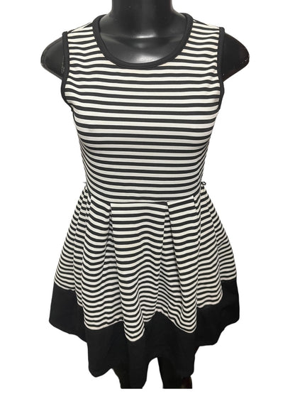 Size 12 Beautees Girls Black White Stripe Fit and Flare Dress Sleeveless