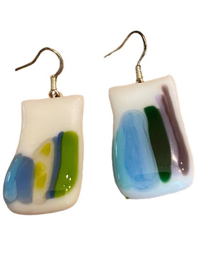 Color Fused Glass Fishhook Earrings Blue Green 1.25" Drop Dangle