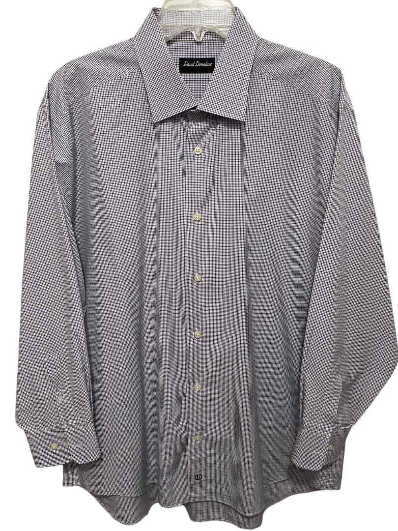 17.5 (32/33) David Donahue Mens Button Up White Blue Brown Dress Shirt