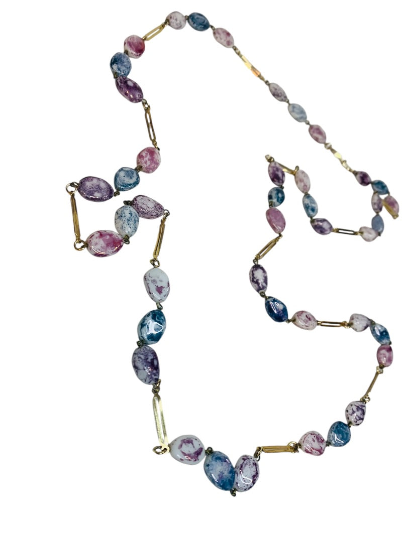 Goldtone Stone Polished Stone Blue Purple Overhead Strand String 47"