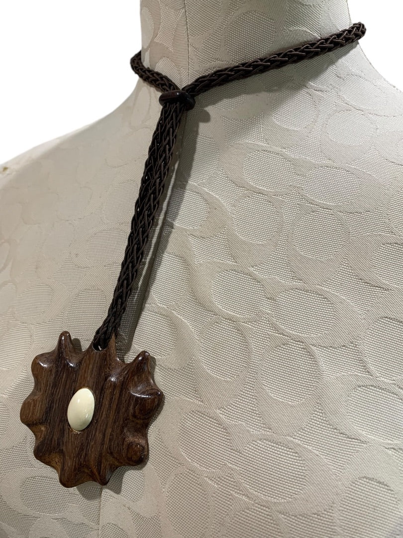 Vintage Wooden Medallion Tie Closure Necklace Statement Medallion Faux Wood