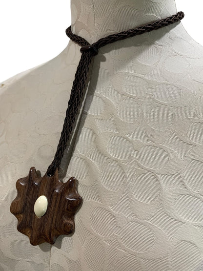 Vintage Wooden Medallion Tie Closure Necklace Statement Medallion Faux Wood