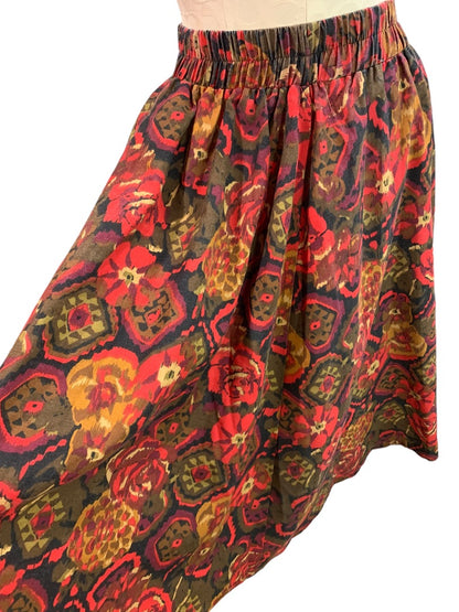 Large Vintage 1970s Pull On Midi Skirt Elastic Waist Pockets Retro Print