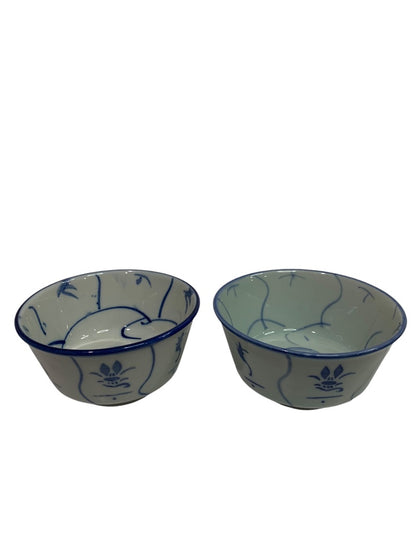 Chinese 2 Rice Bowls and 5 Spoon Set Blue White