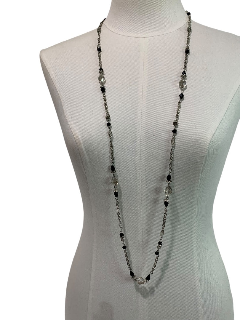 Long Strand String Necklace 42 Inches Silvertone Black Lobster Clasp