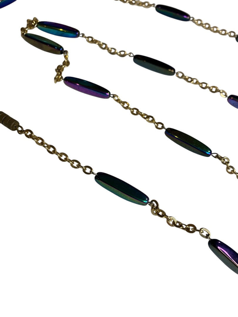 Vintage Goldtone Strand String Necklace Barrel Closure Purple Blue Green