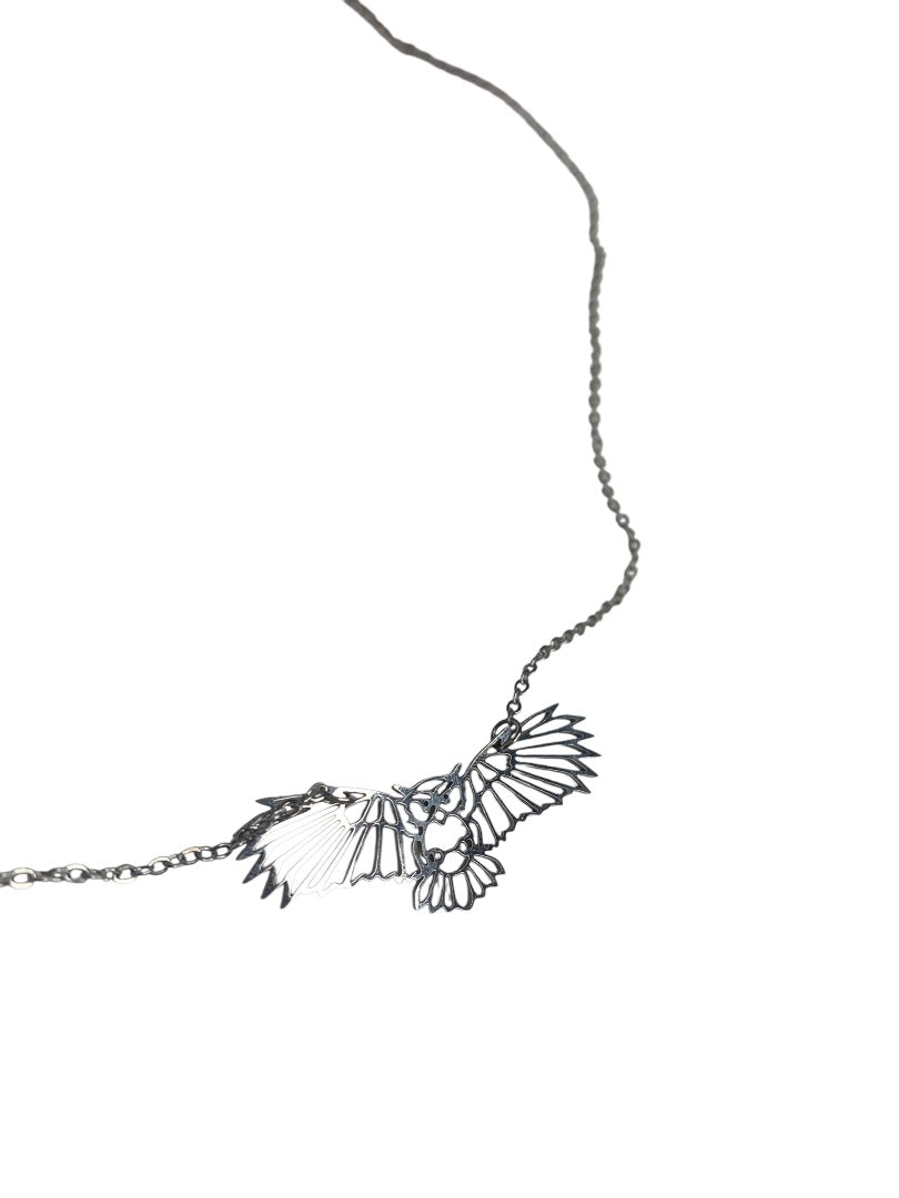 Silvertone Flying Owl Pendant Lasercut 18 Inch