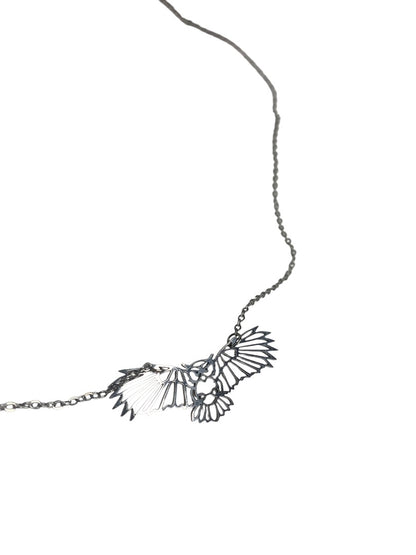 Silvertone Flying Owl Pendant Lasercut 18 Inch