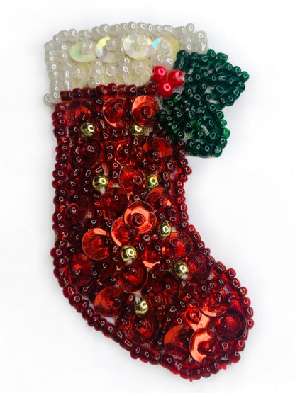 Vintage Holiday Christmas Pin Brooch Stocking Beads Sequins 2.4 Inch