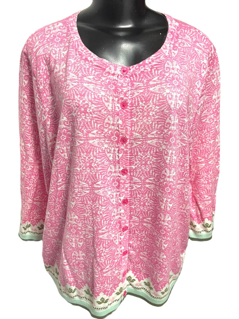 3X Talbots Plus Womens Lightweight 3/4 Sleeve Cardigan Sweater Pink Contrast Trim