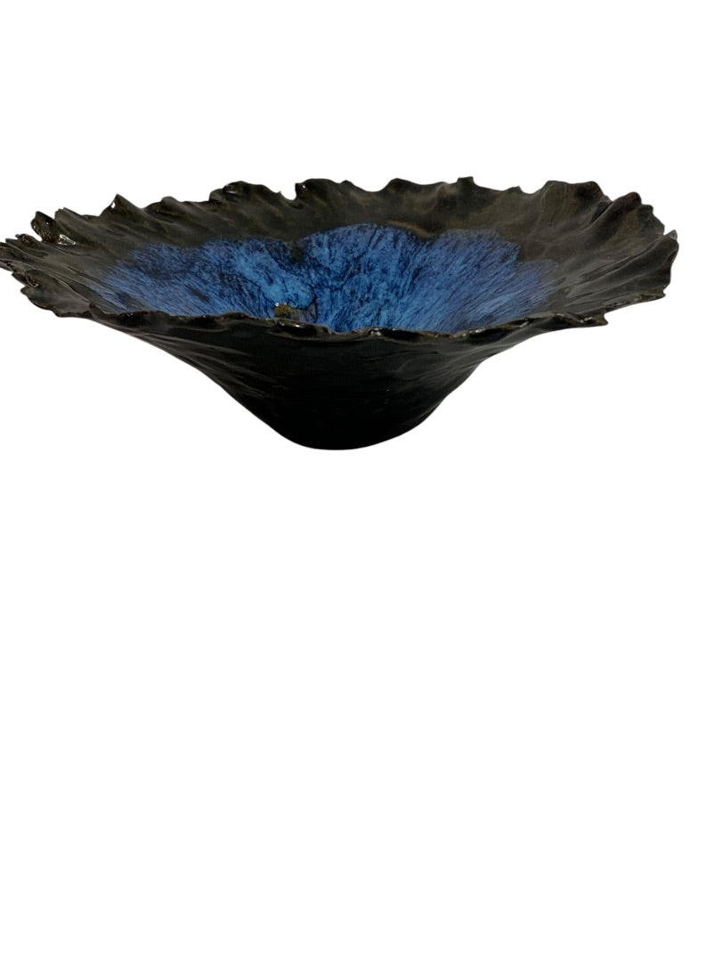 Art Pottery Signed Blue Black Bowl Textured Edge Vintage 7 Inch Diameter