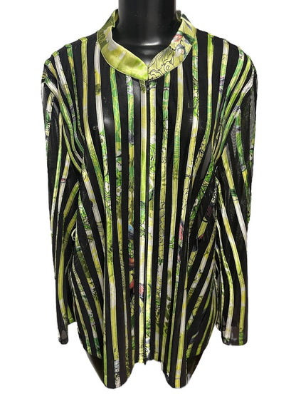 24W JS Collection Woman Striped Floral Sheer Longsleeve Zipper Shirt