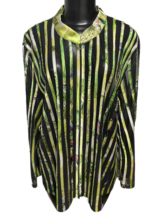 24W JS Collection Woman Striped Floral Sheer Longsleeve Zipper Shirt
