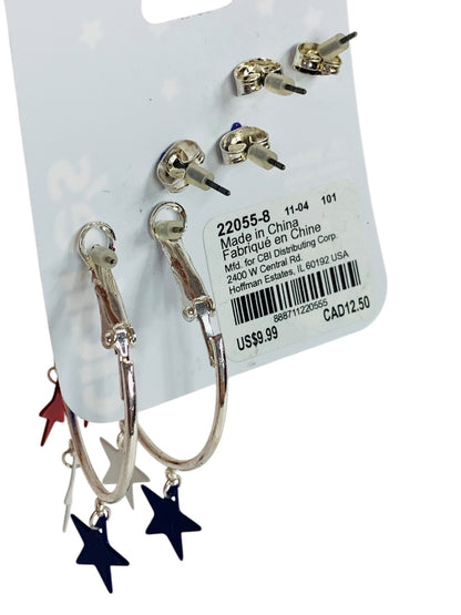 Claires New Set of 3 Pierced Earrings USA Patriotic Silvertone