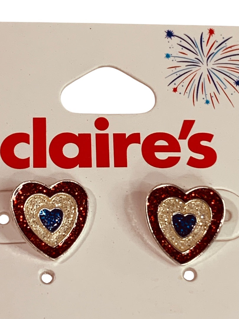 Claires New Post Pierced Earrings Patriotic Sparkly Heart
