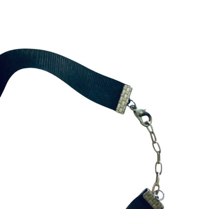 1980s Goth Ribbon Choker Necklace Black Silverton Cross 13-15 Inch Lobster Clasp