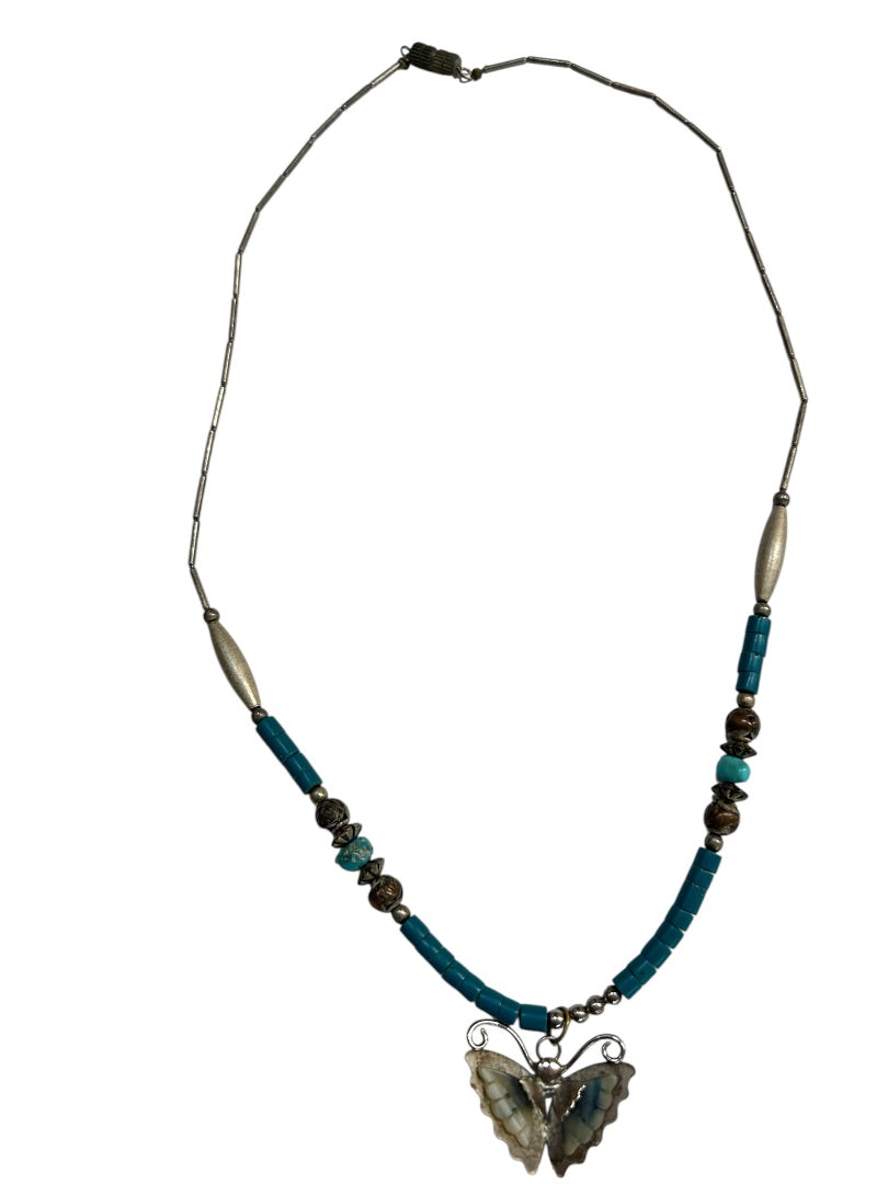 Vintage Silvertone Beaded Butterfly Pendant Necklace 19 Inch Barrel Clasp