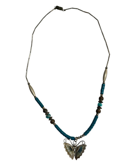 Vintage Silvertone Beaded Butterfly Pendant Necklace 19 Inch Barrel Clasp