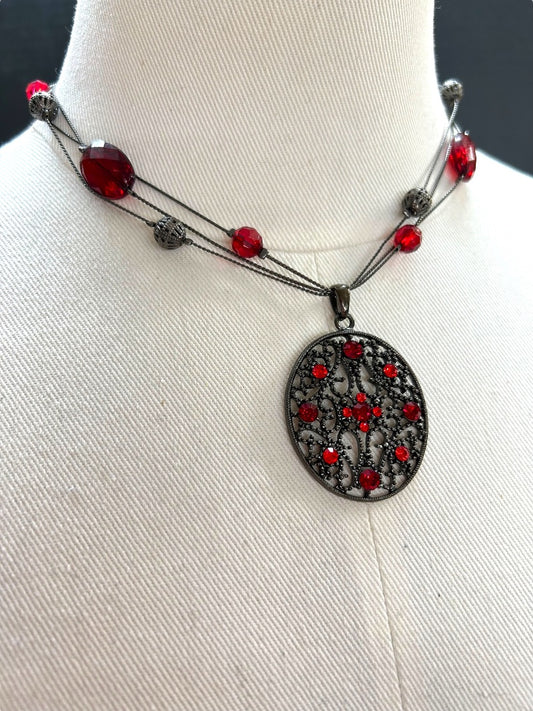 Pewter Color and Red Necklace Beaded Pendant Multistrand 16-18 Inch