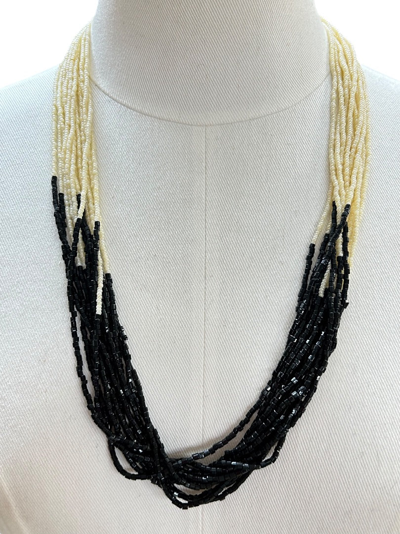 Multistrand Cream Black Beaded Necklace Goldtone Clasp 28 Inch