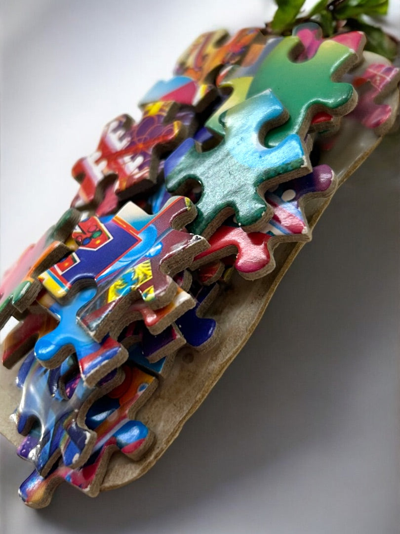 Handmade Brooch Puzzle Pieces 3.5" x 1" Bright Colorful Pin