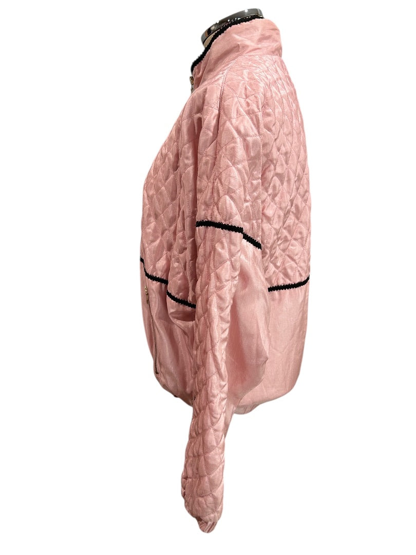 XS Tail Womens Track Jacket Pink Quilted Satin 80s Retro Zip Up Black Trim