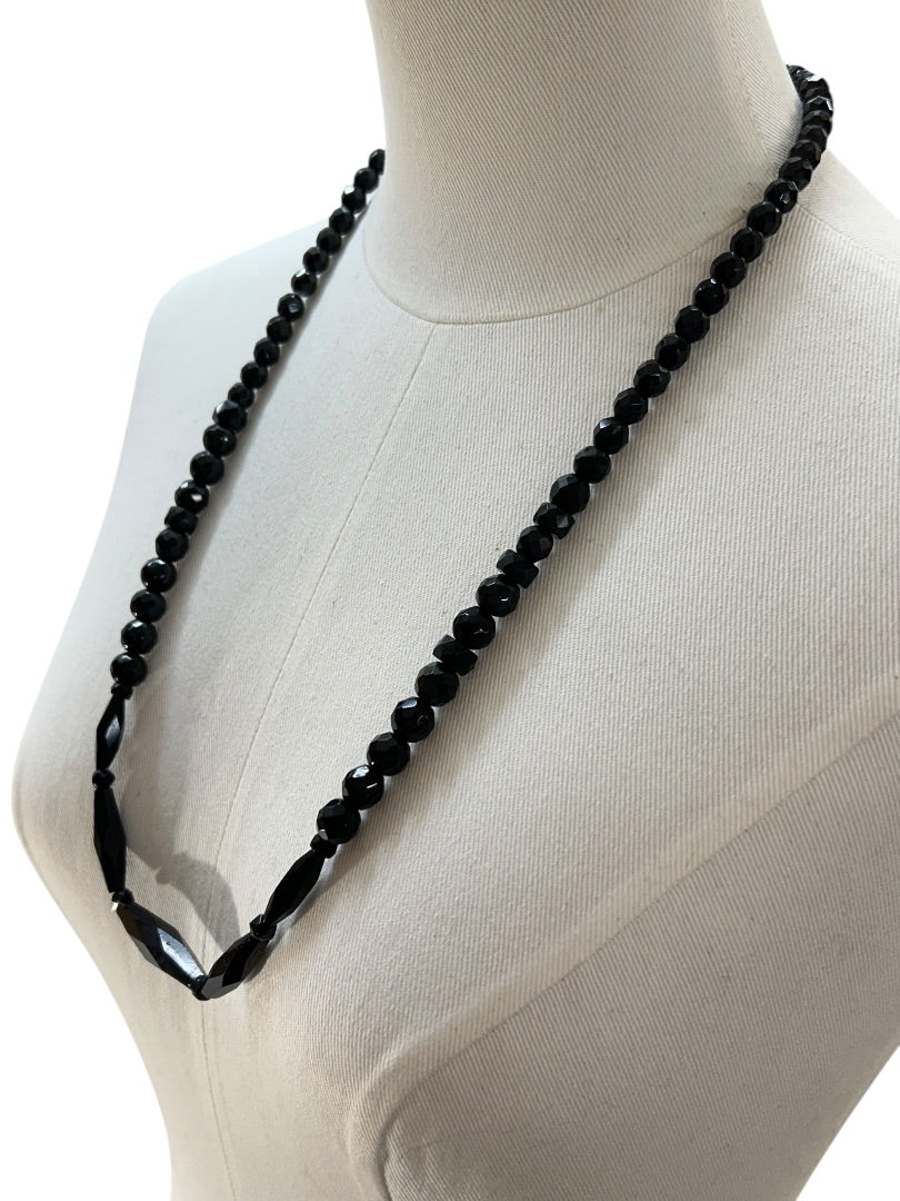 Vintage Jet Aurora Borealis Black Beaded Necklace Overhead 28 Inch