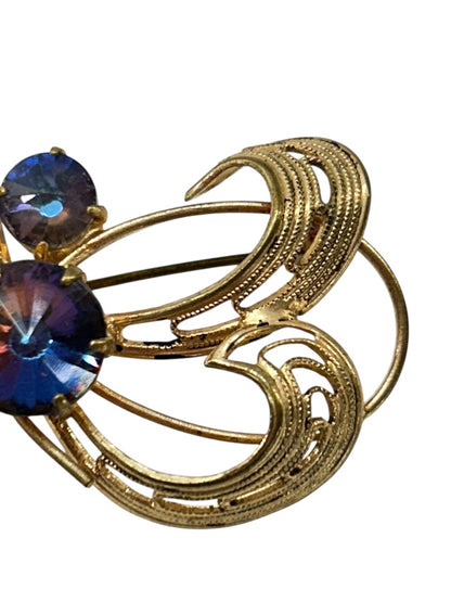 Vintage Goldtone Abstract Brooch Pin Blue Purple Filigree Swirt 2 Inch