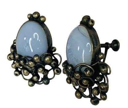 Sterling Silver Vintage Screwback Clip-On Earrings Blue Glass 1.5 Inch