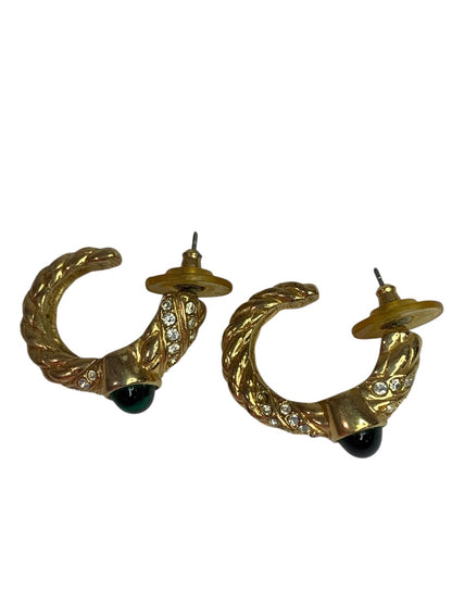 Goldtone Swarovski Hoop Pierced Post Earrings Green Crystal 1 Inch Drop