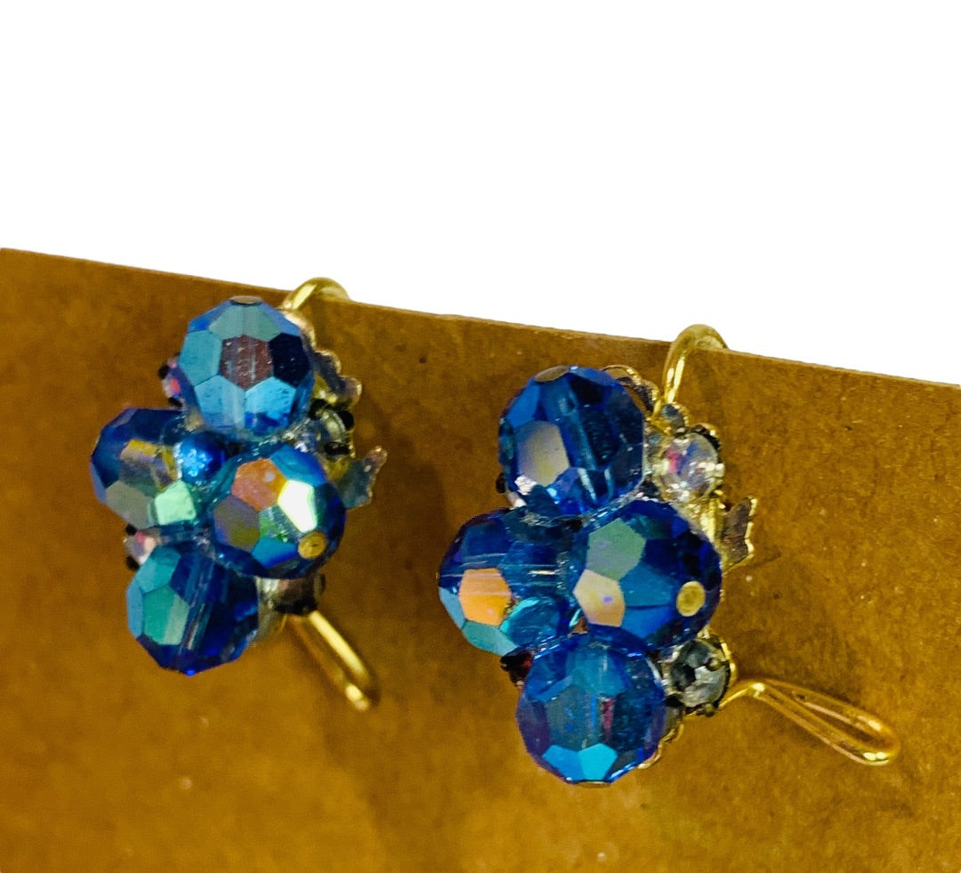 Wingback Earrings Blue Aurora Borealis Crystal Cluster Goldtone Pierced 1 Inch