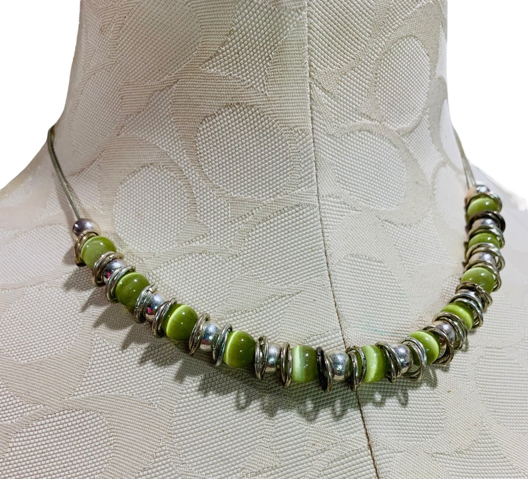 Silvertone and Green Beaded Necklace Snake Chain 17-22 Inch Lobster Clasp