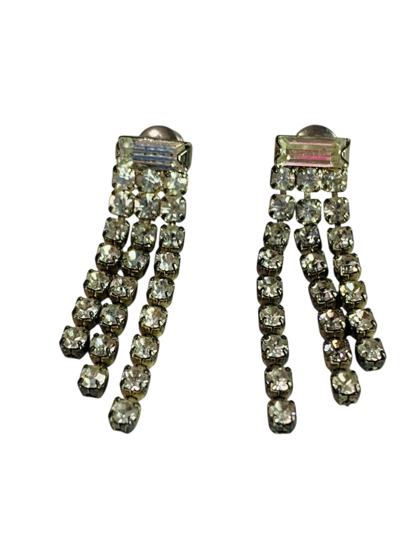 Vintage Silvertone Rhinestone Earrings Post Pierced Swag Movement 1.25" Drop