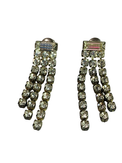 Vintage Silvertone Rhinestone Earrings Post Pierced Swag Movement 1.25" Drop
