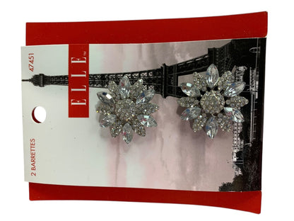 New Elle Rhinestone Silvertone Flower 2 Barrettes 47451 1.25 Inch Formal