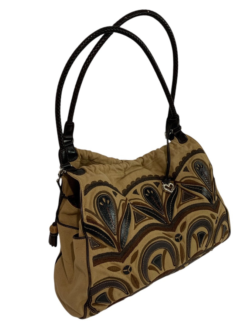 Brighton Canvas Shoulder Bag Brown Embroidered Hobo Heart Charm Large Tote